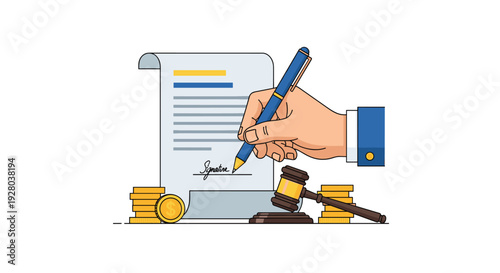 A human hand is shown signing a legal document with a pen, accompanied by a wooden gavel and a stack of gold coins.