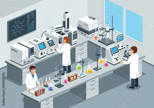 Modern science laboratory with researchers conducting experiments using advanced equipment and technology