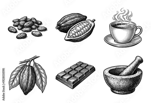 Set of hand drawn vintage cocoa bean illustrations including chocolate bar, pod, hot drink, and mortar and pestle in woodcut style