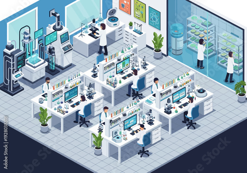 Modern Scientific Research Laboratory with Researchers Working on Advanced Equipment