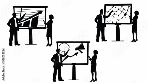 Business professionals presenting data on graphs and charts