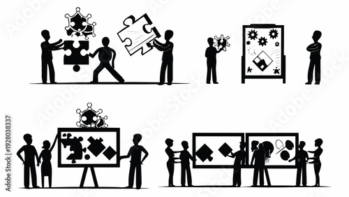 Business people working together to solve problems and complete puzzles