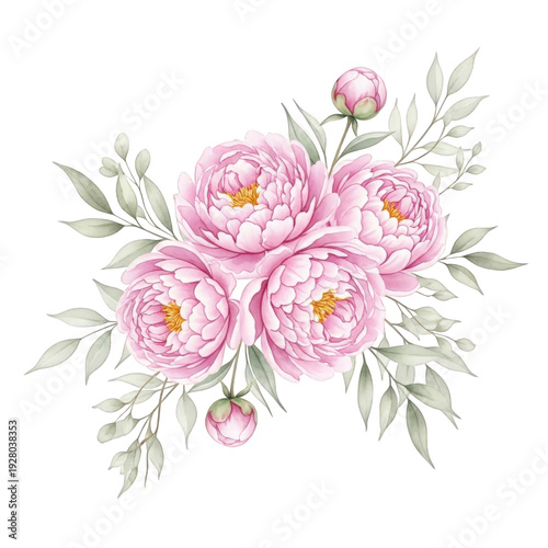 Beautiful pink peony flowers with green leaves isolated on transparent background