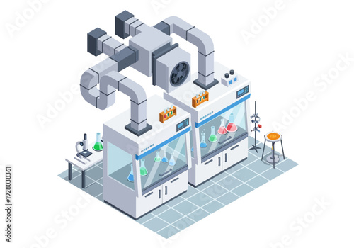 Scientific laboratory with fume hoods, glassware, and scientific equipment for experiments and research