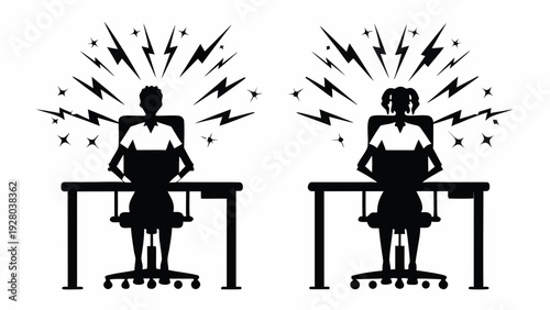 Dynamic business duo with explosive ideas at office desks