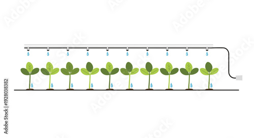 A minimalist illustration shows a simple drip irrigation system with a horizontal pipe delivering water droplets to a uniform row of ten small green plants in soil.