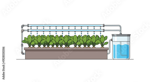 A detailed illustration presents a hydroponic system with multiple rows of lush green plants growing in a bed, fed by overhead pipes from a clear water reservoir.