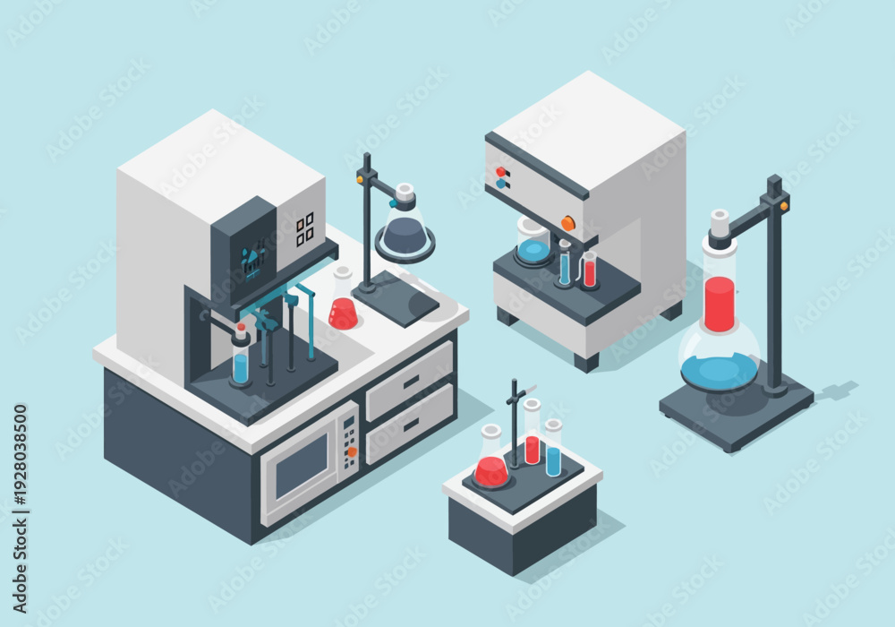 Obraz premium Modern scientific laboratory equipment with beakers and test tubes in a research setting