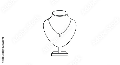 A black outline drawing of a delicate pendant necklace with a small round charm is elegantly displayed on a simple, white mannequin bust.