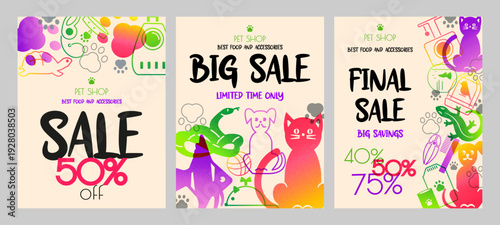 Set of sale posters for pet store, veterinary clinic. Background with silhouettes of animals and accessories for their maintenance and care. Retro grainy gradient design.