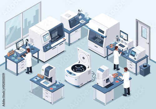 Modern laboratory with scientists conducting research and development using advanced technology and equipment