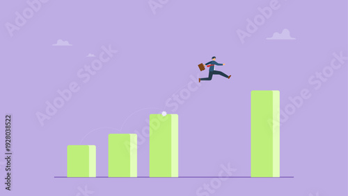Businessman jump on higher level over gap in growth chart. Rapid growth in business concept.
