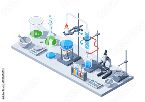 Scientific laboratory equipment for chemical experiments and research with beakers, flasks, and microscope