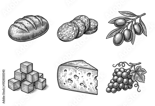 Vintage woodcut style collection of mediterranean food including bread sausage olives cheese grapes and sugar cubes