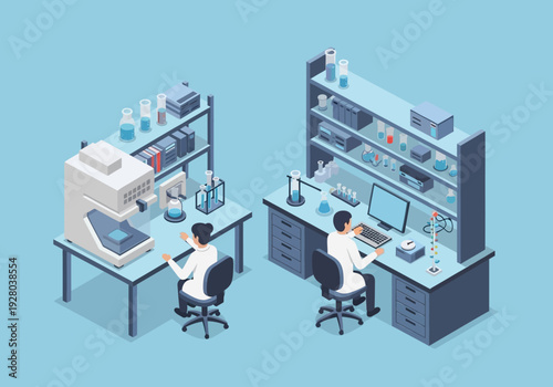 Modern science laboratory with researchers working on advanced scientific equipment and experiments