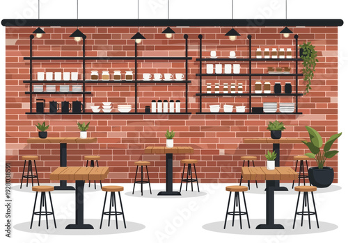 Cozy Coffee Shop Interior with Brick Walls and Wooden Furniture, Creating a Warm and Inviting Ambiance