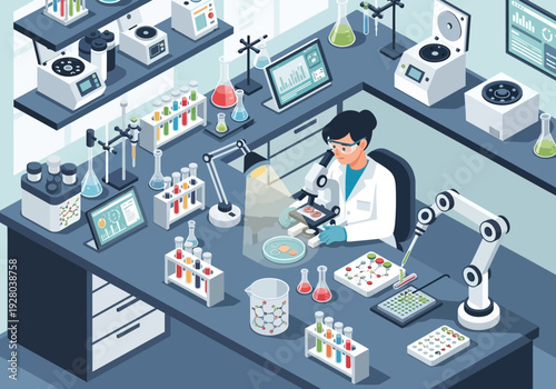 Scientist working in a modern laboratory with advanced equipment and robotics
