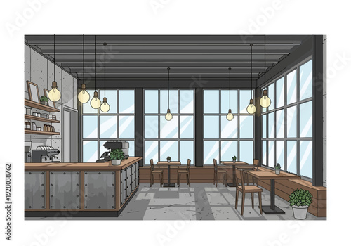Cozy and Modern Cafe Interior with Industrial Accents and Natural Light