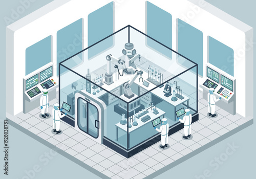 Modern research laboratory with robotic arms and scientists in protective suits, isometric view