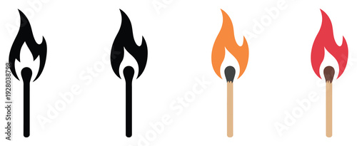 Match fire flame isolated vector icon, burning matchstick and flame symbol, fire energy and heat concept, editable flat and line style illustration, modern safety and danger warning design