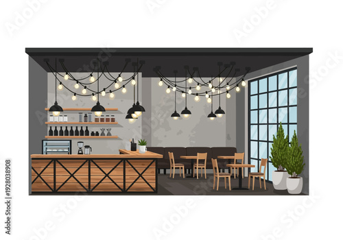 Cozy and inviting cafe interior with warm lighting and rustic wooden counter, perfect for a relaxed coffee break or meeting