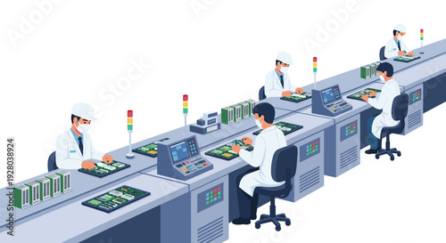Workers in lab coats and masks assemble electronic components on a production line.