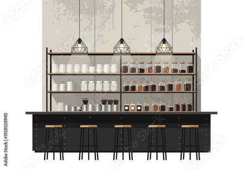 Coffee bar counter with shelves stocked with jars and glasses in a modern industrial style interior