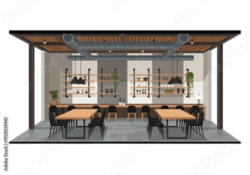 Modern industrial-style cafe interior with wooden tables and black chairs, creating a cozy and inviting atmosphere for patrons