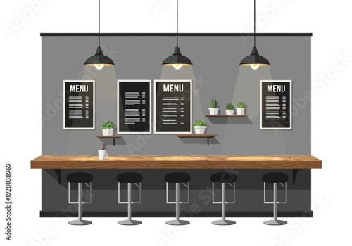 A clean and modern cafe bar with stools and menus displayed on the wall