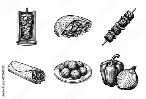Set of middle eastern and mediterranean food illustrations in vintage woodcut engraving style featuring shawarma falafel and kebab