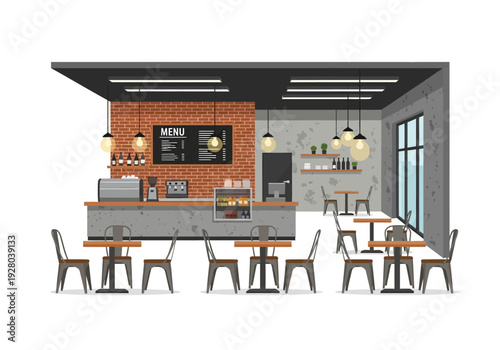 Cozy coffee shop interior with tables, chairs, and a counter with food and drinks display