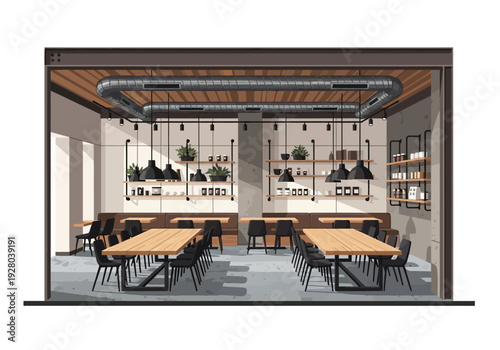 Modern industrial-style dining area with wooden tables and black pendant lights, offering a spacious and inviting ambiance