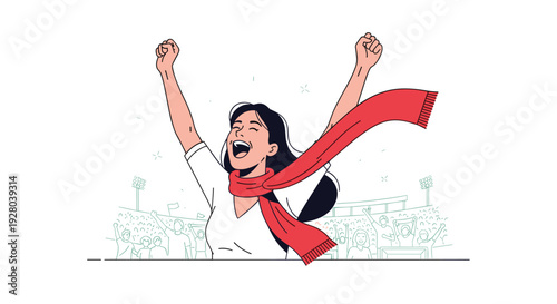 A jubilant female sports fan with a red scarf cheers enthusiastically in a stadium.