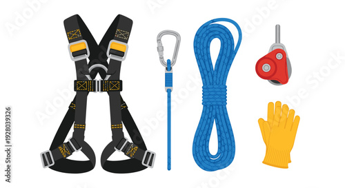 Various climbing and safety equipment items are displayed on a white background.