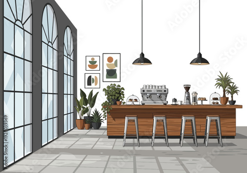 Contemporary coffee shop interior with sleek bar, stools, plants, and large windows, creating a modern and inviting atmosphere for relaxation and socializing