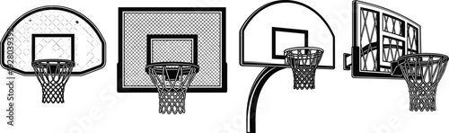 Basketball hoop and backboard illustration set, sports equipment line art collection, outdoor and indoor court goal designs, black and white vector style isolated on white background