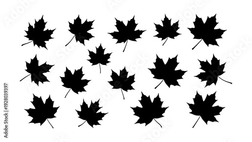 A dynamic scattering of stylized black maple leaf silhouettes against a clean white backdrop, capturing the essence of the autumn season, natural elements, and decorative foliage patterns