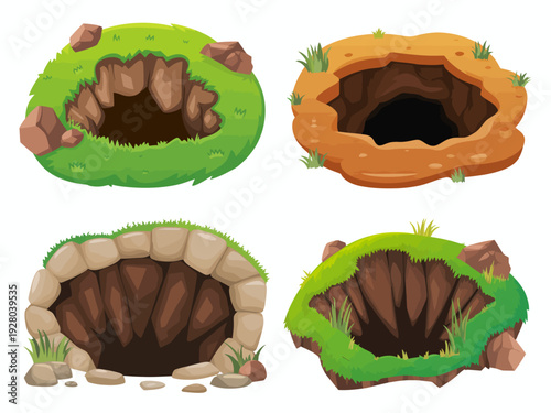 Cartoon animal burrows with grass dirt and rocks isolated white hole ground