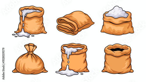 Collection of cartoon burlap sacks filled with white powder or sugar and empty sack