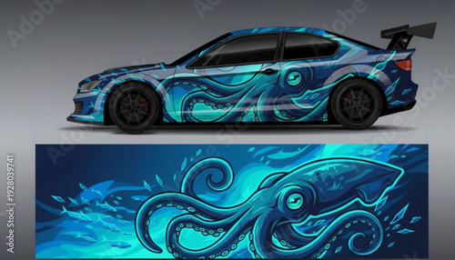 A blue sports car with a custom aquatic octopus wrap design, showcasing the detailed artwork below.