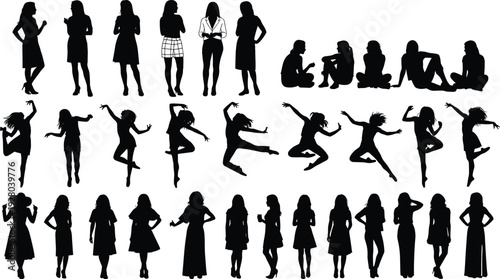 Collection of female silhouette poses, standing sitting and dancing women figures for creative design use
