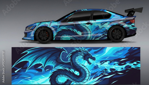 Blue dragon graphic car wrap design with fiery breath on a sports coupe.