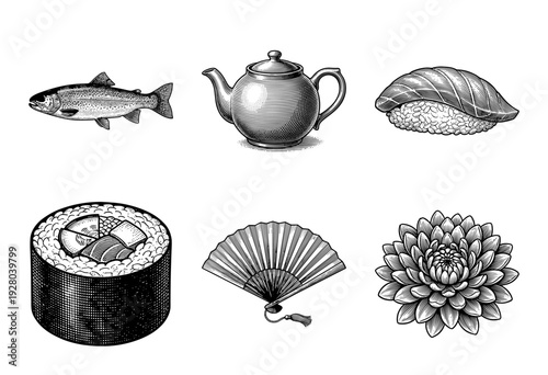 Vintage engraving style collection of Japanese culture icons including sushi rolls, nigiri, trout fish, teapot, folding fan, and chrysanthemum flower blossom.