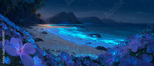 Tropical Beach Night With Bioluminescent Blue Sand And Exotic Flowers Anime Style Illustration