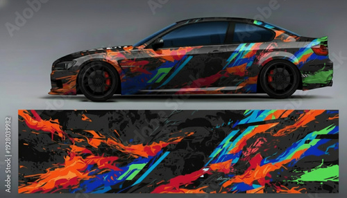 A sleek sports car featuring a dynamic and colorful abstract vinyl wrap design with vibrant paint splatters and geometric patterns.