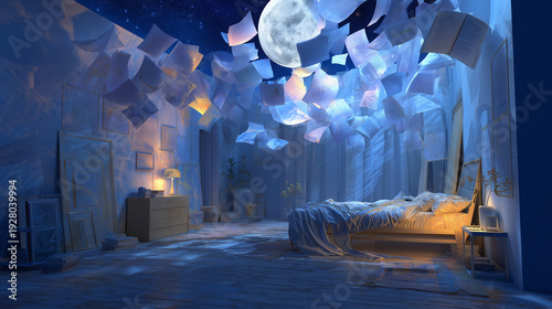 Moonlit bedroom fragmented with floating dream symbols above a restless sleeper.