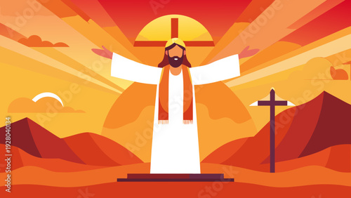 This illustration depicts easter sunday with jesus christ on a hill under a sun and clouds conveying a message of faith and springtime renewal high-quality
