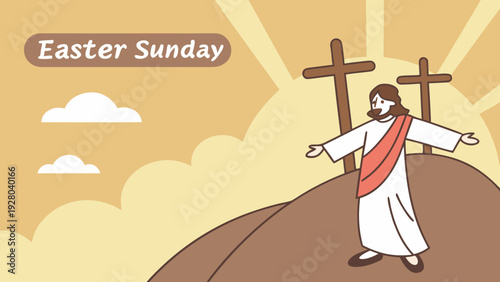 This illustration depicts easter sunday with jesus christ on a hill under a sun and clouds conveying a message of faith and springtime renewal high-quality