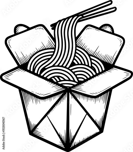 Hand Drawn Black and White of Noodles in Takeout Box with Chopsticks food