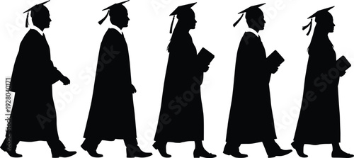 Graduates walking in procession silhouette illustration, students wearing caps and gowns, academic ceremony and education achievement concept, university artwork on white 